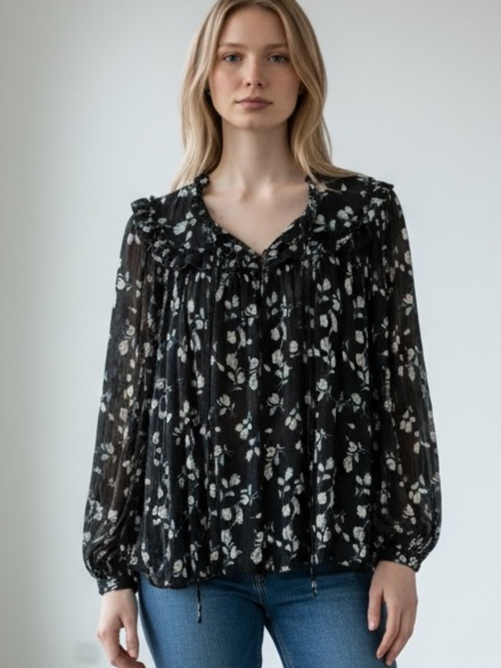 Hayden Black Floral Ruffled Peasant Top Size Medium - Picture 2 of 12